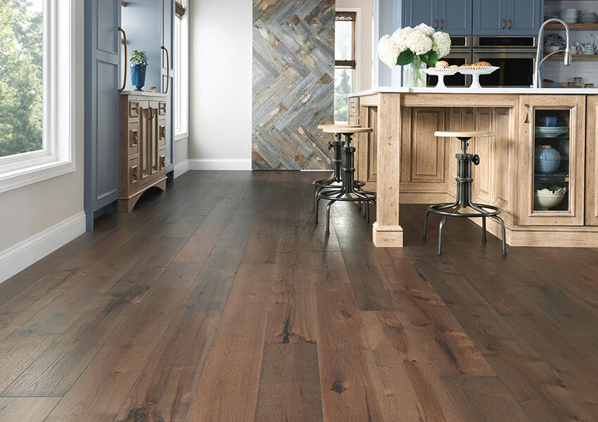 Kitchen island bar stools on beautiful hickory hardwood flooring